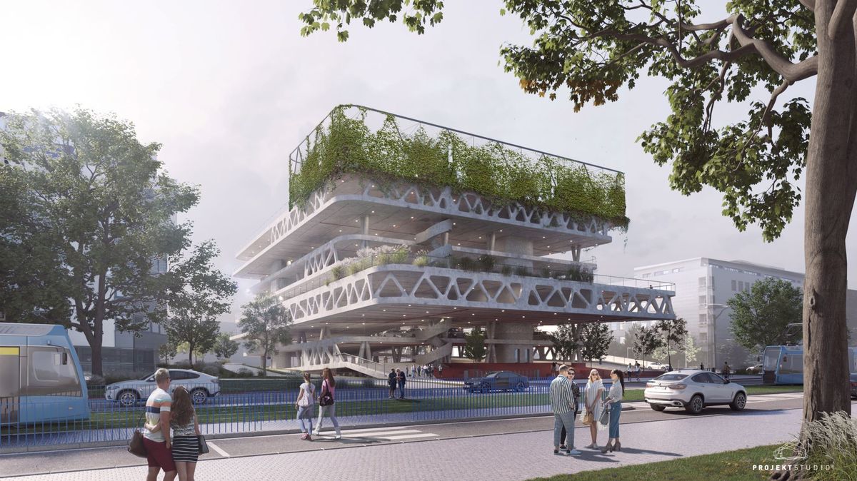 V Ostravě postaví netradiční parkovací dům. Vypadá jako rampa, na zelené střeše bude hřiště